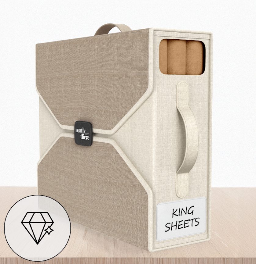 Beige NeatlyThere sheet storage organizer showing premium linen finish and King Sheets label
