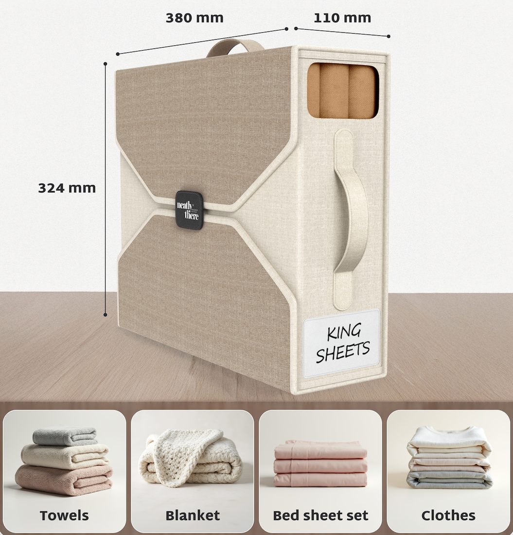 NeatlyThere bed sheet organizer dimensions: 380mm wide, 110mm deep, 324mm tall — fits towels, blankets, bed sheet sets and clothes