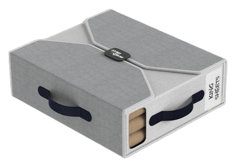 Assembled grey sheet storage organizer with King Sheets label and dual handles